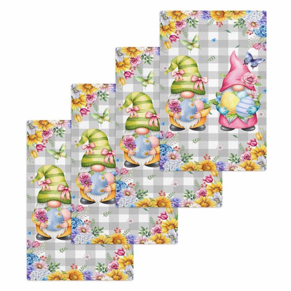 Easter Gnomes Kitchen Dish Towels for Drying Dishes Set of 4, Spring Floral Eggs Flowers Butterflies Gray Plaid Waffle Weave Microfiber Hand Tea Bathroom Towels Quick Dry & Absorbent Towel 15.7x23.6