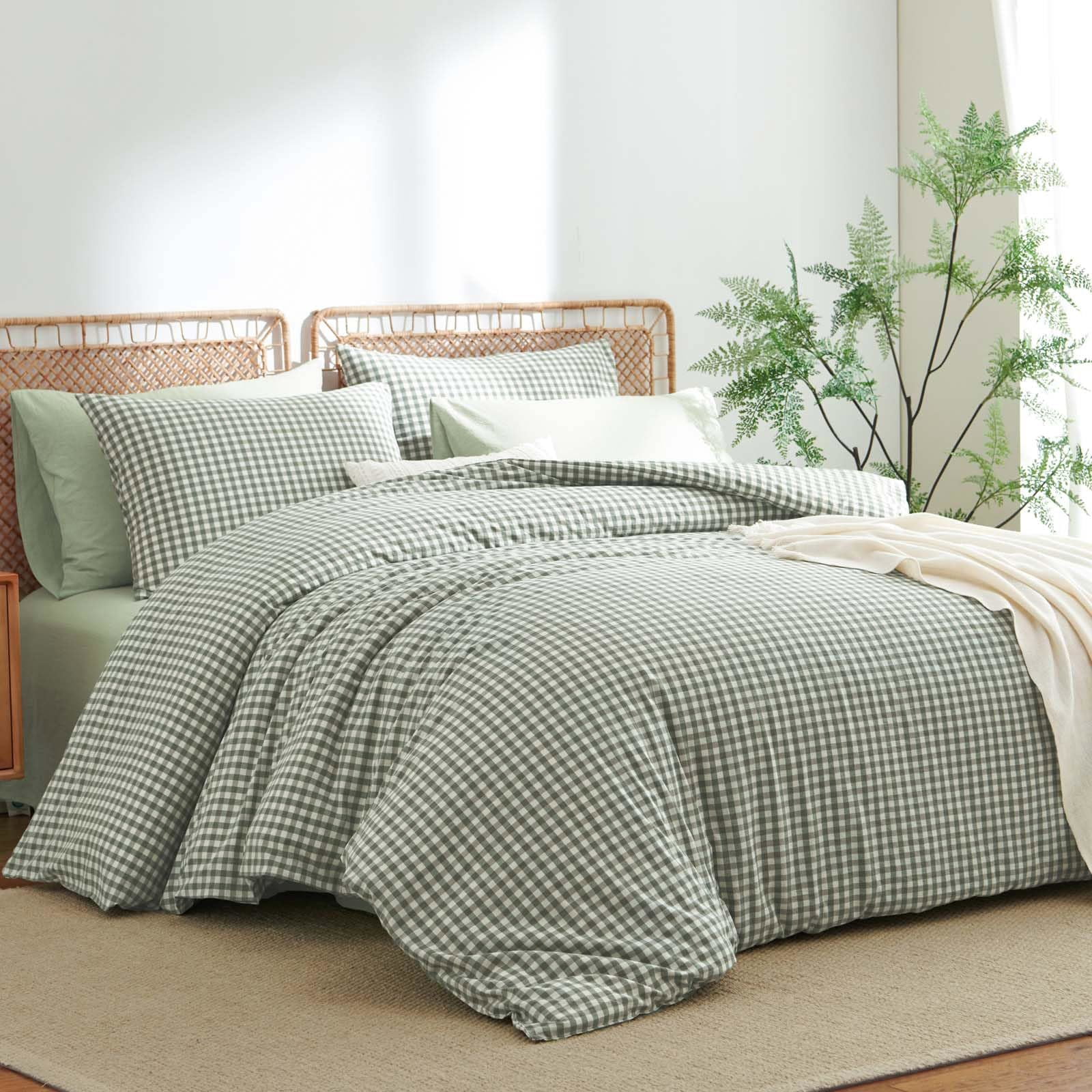 2 Pieces Green Gingham Duvet Cover 100% Washed Cotton Plaid Checkered Twin Duvet Cover Set Modern Grid Bedding Set with Zipper Closure Corner Ties