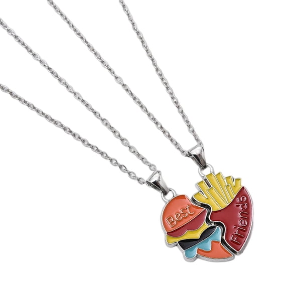 HUANLEDASH 2Pcs/Set Couple Necklace Best Friends Heart Shaped Necklace Hamburger Fries Patchwork Design Necklace Jewelry Accessories