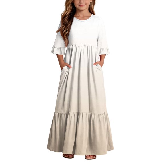 ATOGUTA Girls Dresses Short Sleeve Floral Print Loose Casual Long Maxi Dress with Pockets Size 4T-14, Beige