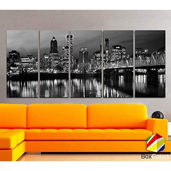 BoxColors - XLARGE 30"x 70" 5 Panels 30"x14" Ea Art Canvas Print Portland Oregon skyline Black & white Wall Home decor (framed 1.5" depth)