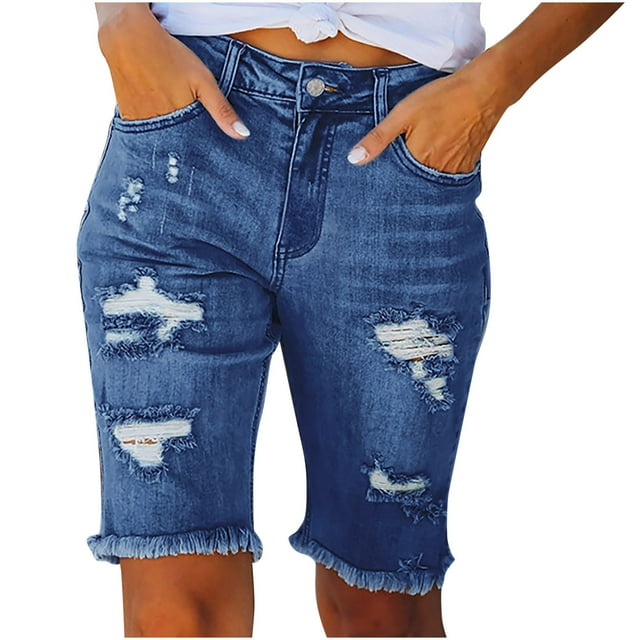 Timegard Short en Jean pour Femmes Taille Haute Trou Déchiré Extensible Mode Urbaine Short en Denim avec Poches