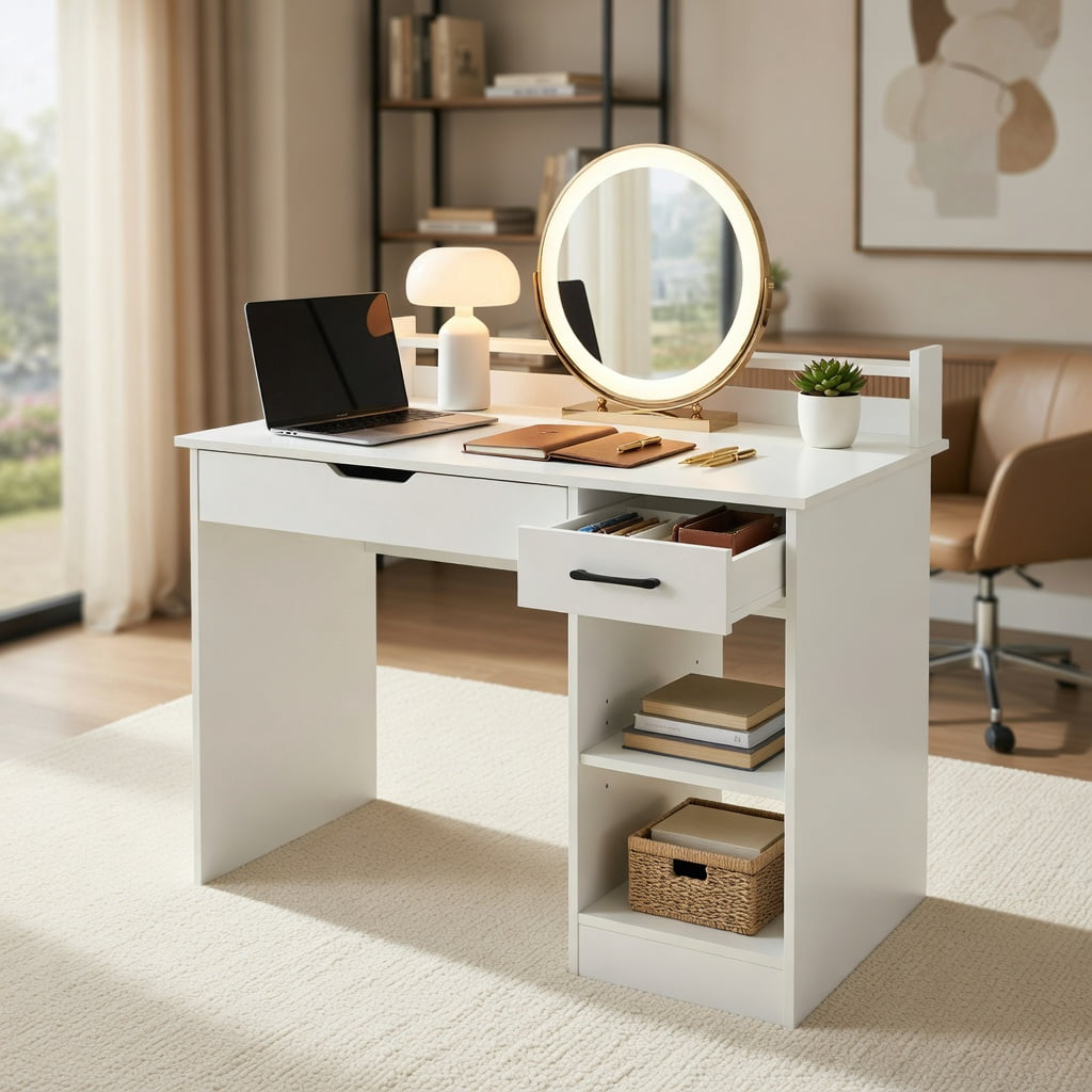 Topcobe Study Laptop Table with Drawer and Keyboard Tray, Desks for Bedrooms, Ideal for Working and Studying, White