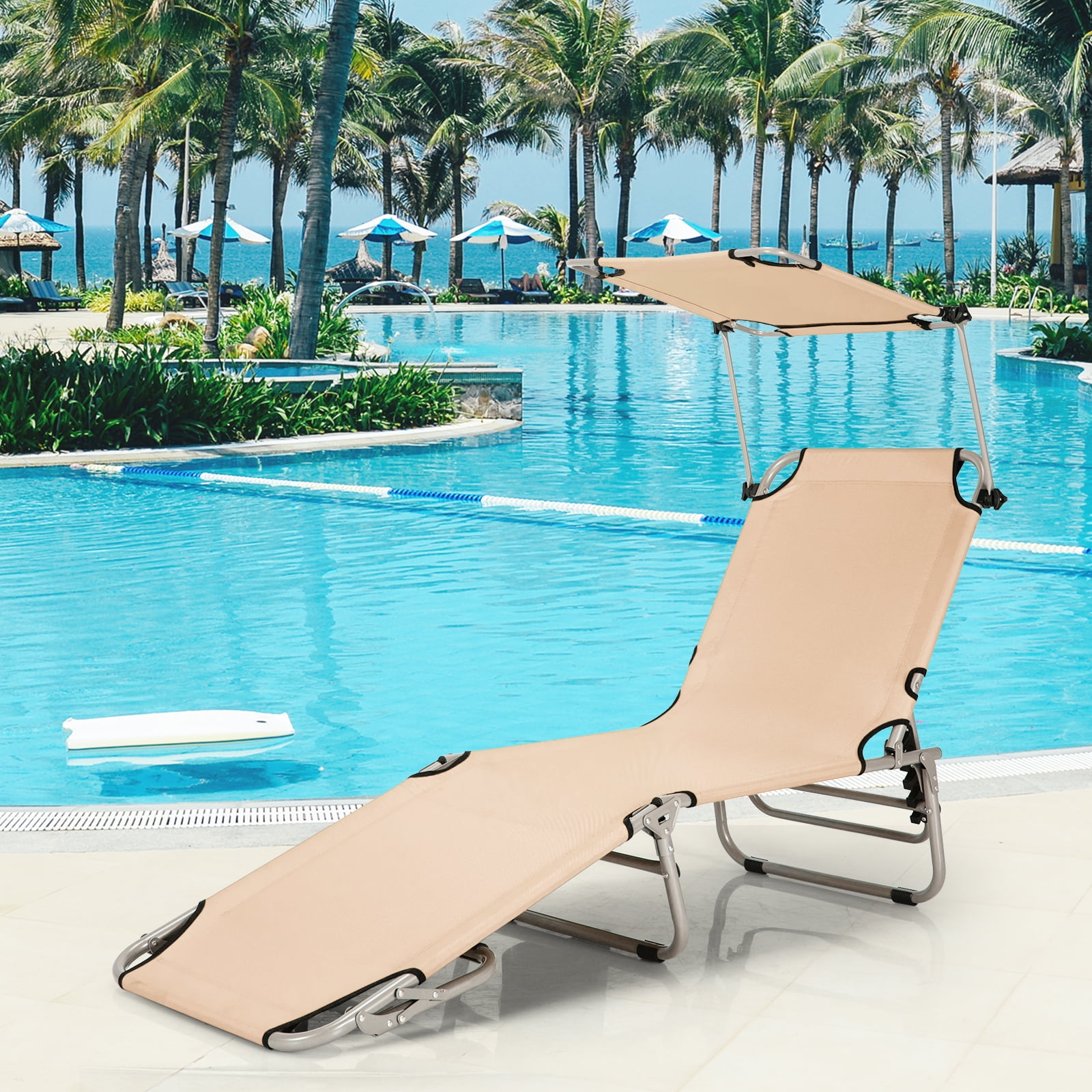 2, Beige Heavy Duty Sunbathing Recliner Cot for Outdoor Patio Yard Poolside GYMAX Folding Chaise Longue Adjustable Beach Chair with Canopy Sun Shade & Side Pockets