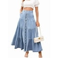 thumbnail image 2 of Women Western Elastic High Waisted A Line Button Ruffle Tiered Long Jean Skirt Patchwork Pocket Y2k Light Blue S, 2 of 9