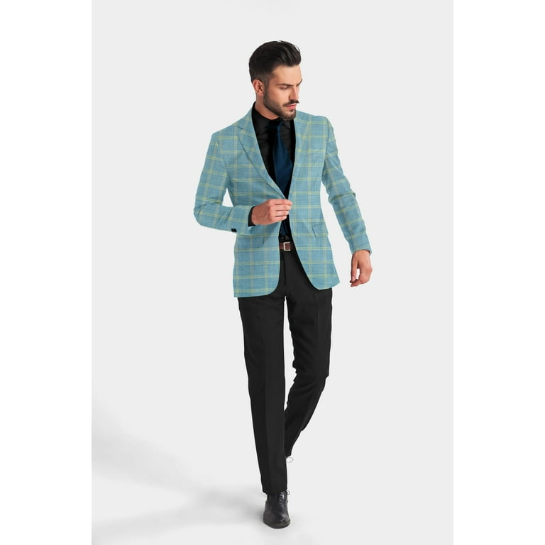 Dark Pastel Blue Men's Party Checkered Suit Jacket Slim Fit