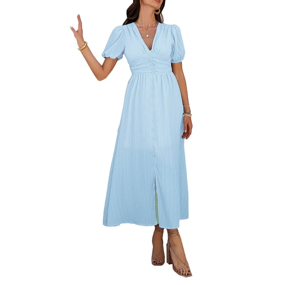Krumba Women Boho Maxi Dress: Summer Smocked Button Waist Puff Sleeve Midi - Casual for Beach Party Vacation Sky Blue Size L