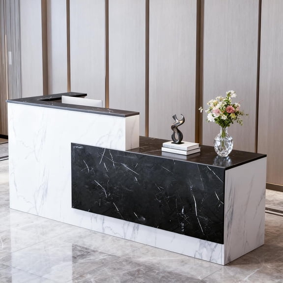 Vakiorn Reception Desk with Lockable Drawers 71x24x41in L Shaped Wooden Storage Keyboard Tray Right Black and White