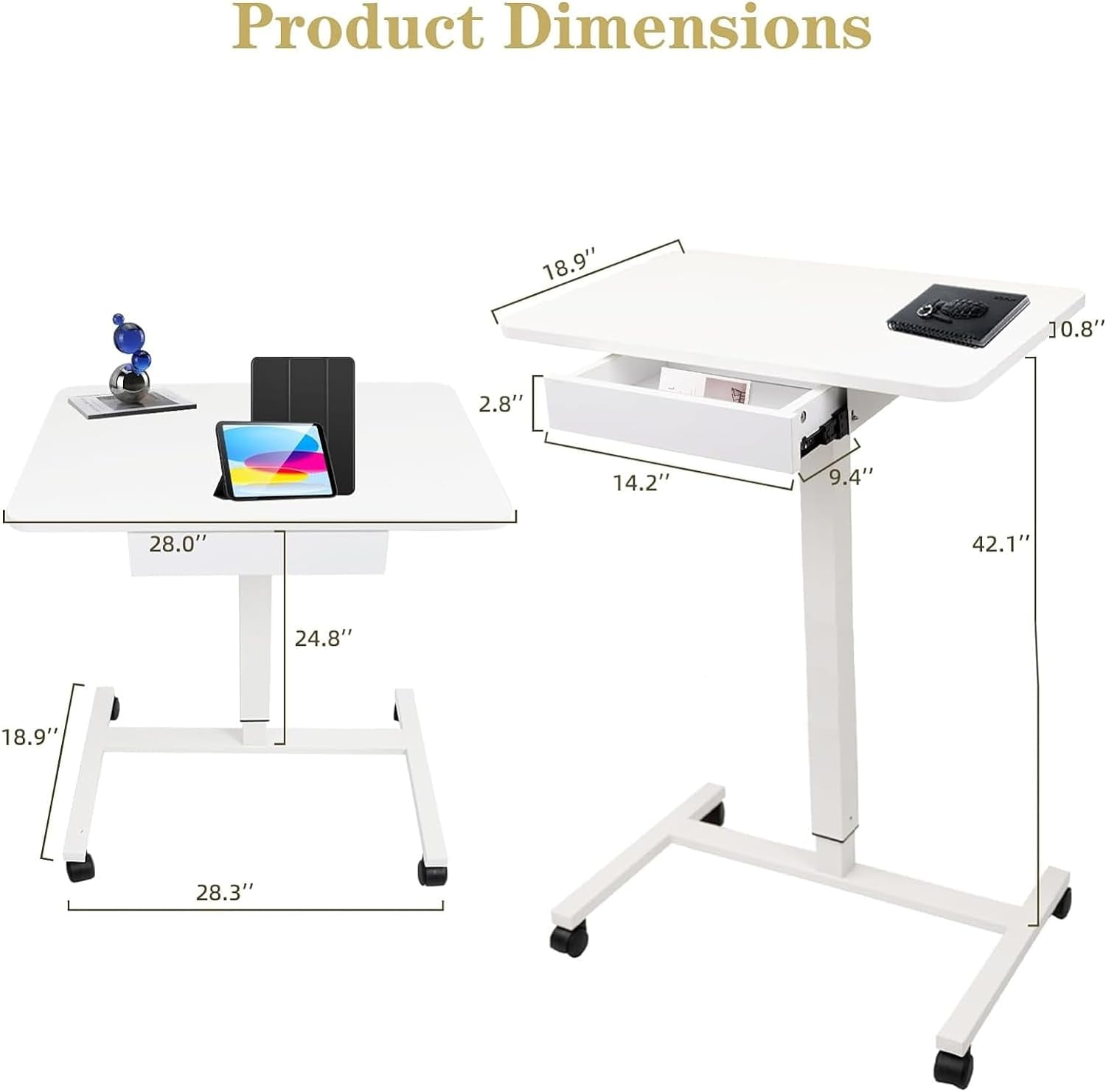 CLATINA Mobile Standing Desk, Rolling Standing Desk, Pneumatic Sit to Stand Workstation Table, Computer Cart Overbed Table with Drawer for Home Office Classroom, 28" x 19" White