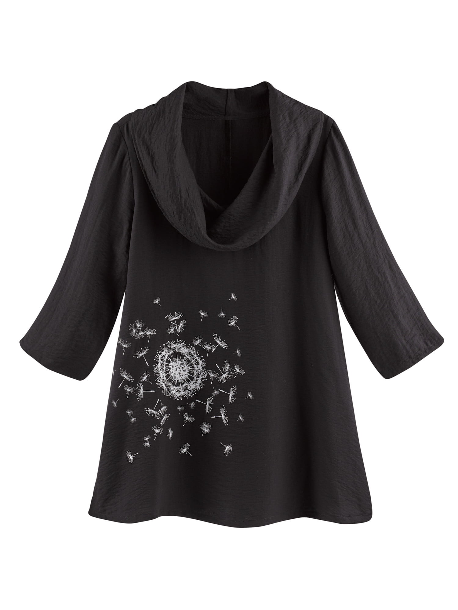 Black 3/4 Sleeve A-Line Shirt EtLois Dandelion Print Cowl Neck Tunic Top 