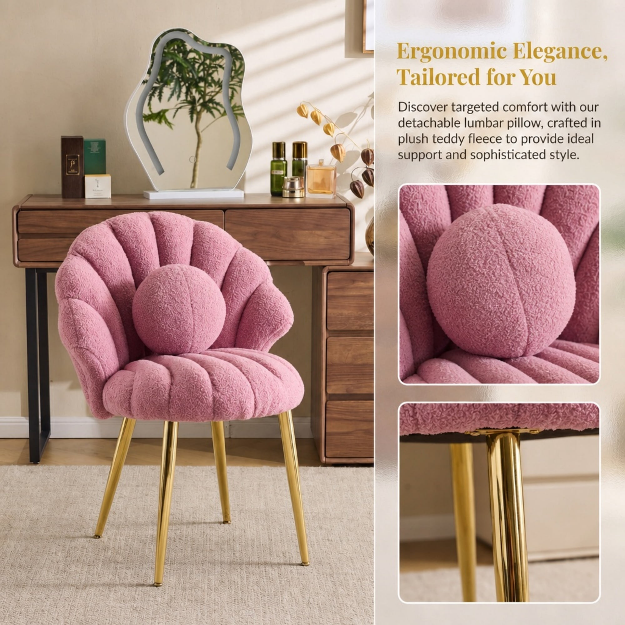 Ktaxon Vanity Makeup Chair with Teddy Velvet, Shell Design Accent Desk Chair with Lumbar Pillow and Gold Legs, Office Seating for Women Purple