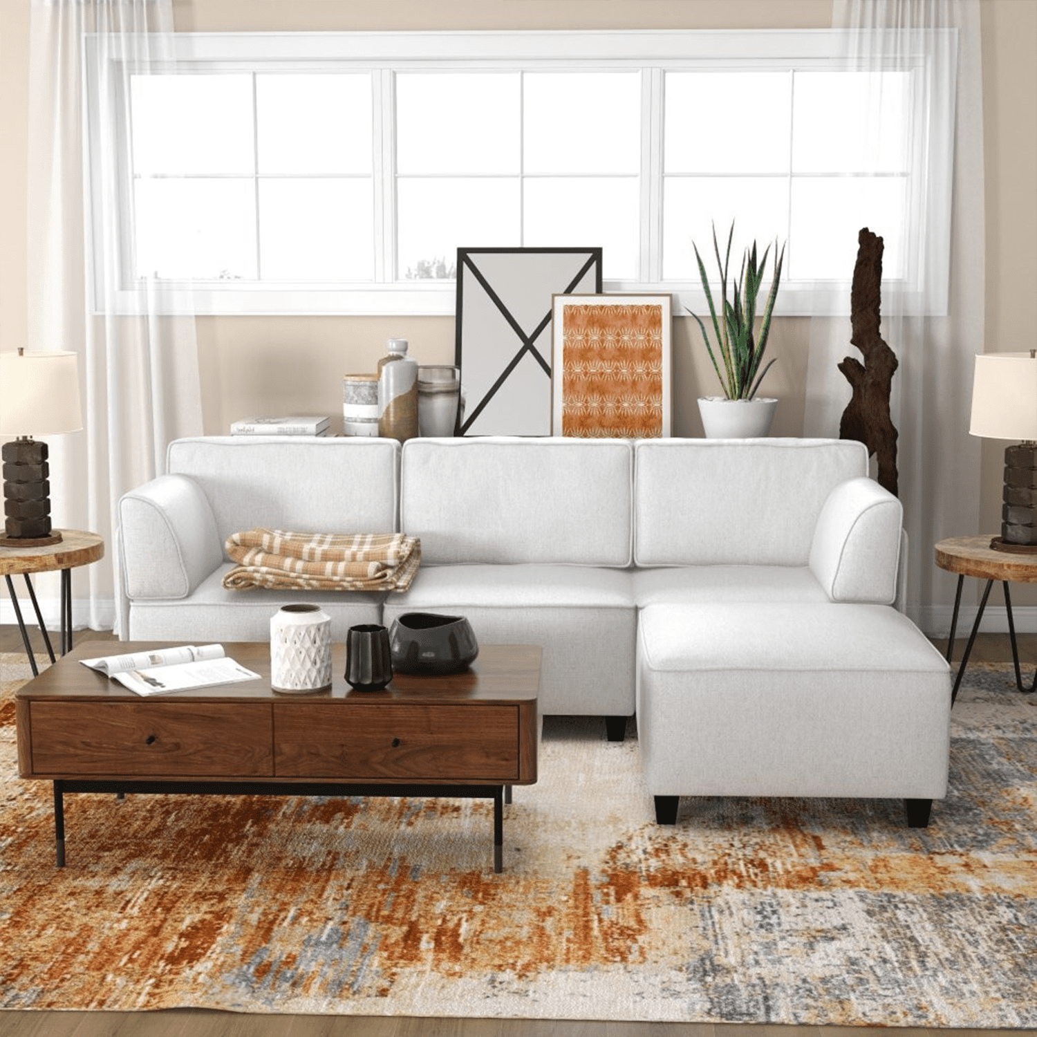 Mainstays 4-Piece Modular Sectional Sofa with Ottoman, Light Gray
