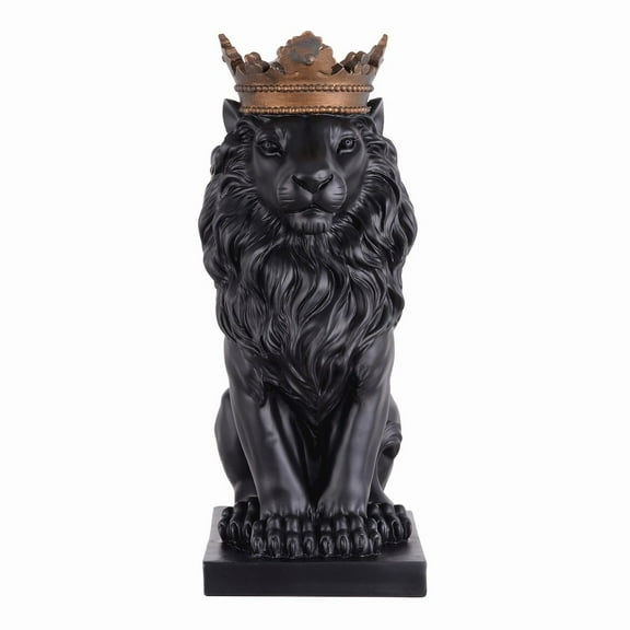 Hi-Line Gift Ltd. 14.5" H Black Sitting Lion  Gold Crown Resin Statue Statue