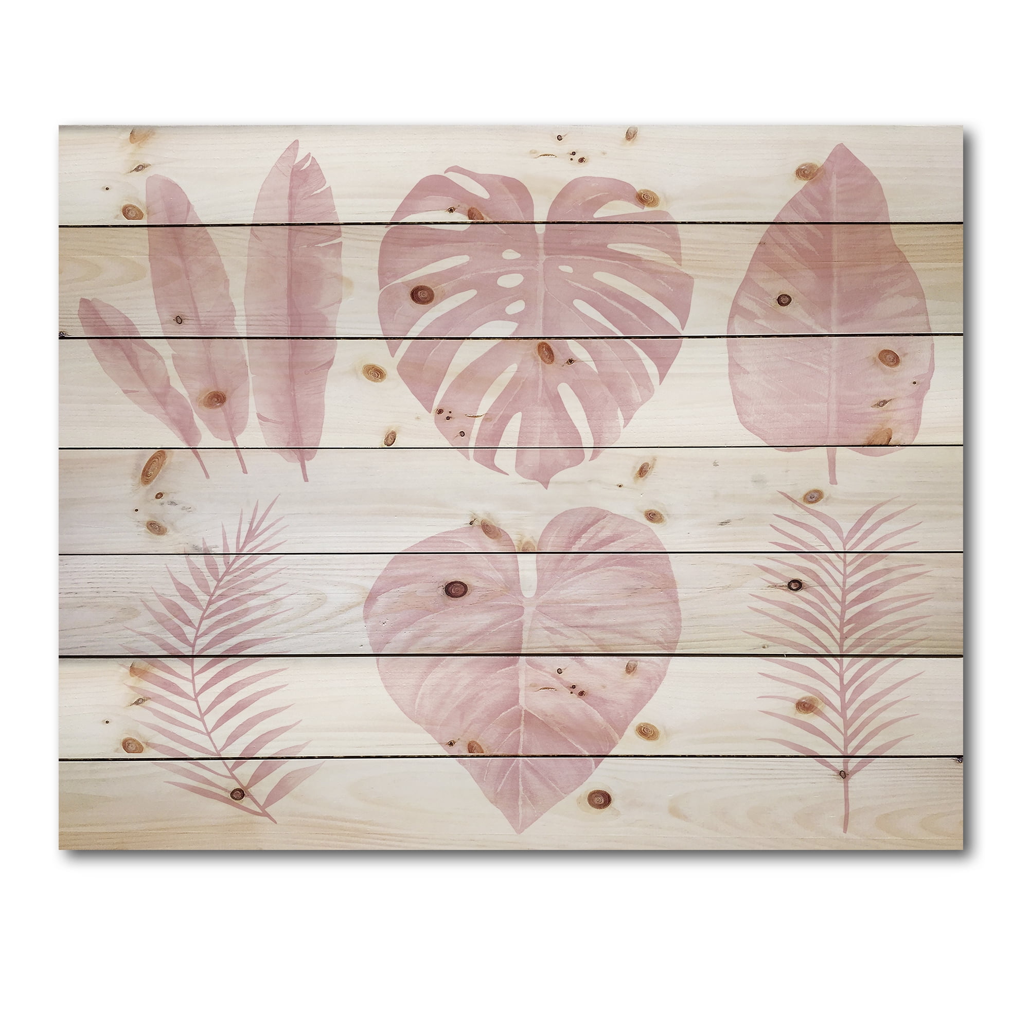 Designart 'Tropical Pink Watercolour Leaves On White I' Shabby Chic Print on Natural Pine Wood
