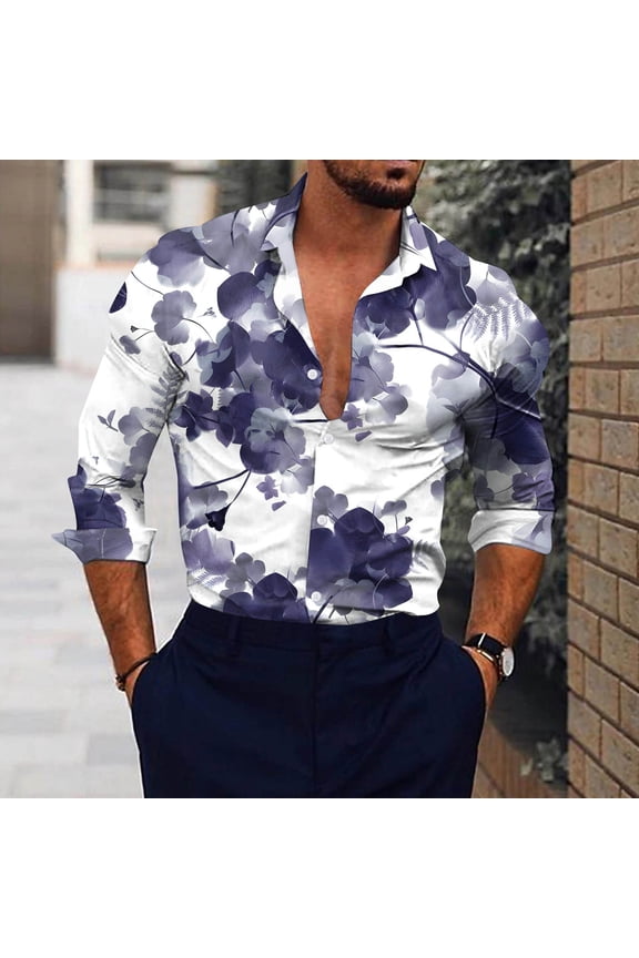 3D Digital Print Mens Dress Shirts Lapel Collar Long Sleeve Lightweight Loose Casual Formal Blouse Breathable For Semi Formal Wear Mens Button Down Shirts Dark Blue