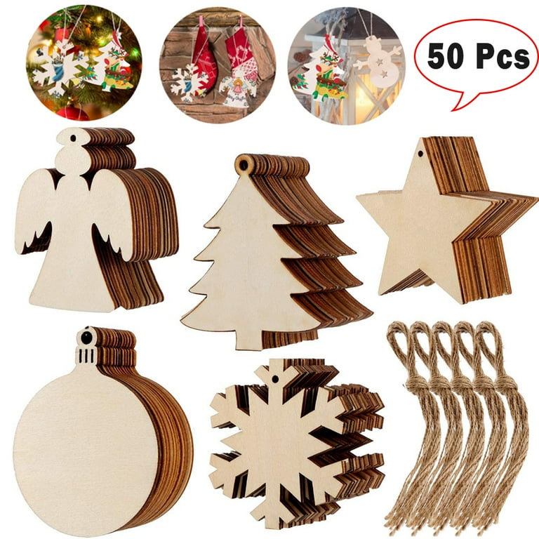 50 Pcs Wooden Christmas Ornaments Unfinished, Wood Slices for Crafts in 5  Styles with 10 Twine, DIY Wooden Christmas Ornaments Hanging Decorations 