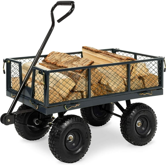 BOBOKY  Utility Garden Cart Wagon for Lawn, Yard w/Heavy-Duty Steel 400lb Weight Capacity, Removable Sides, Long Handle, 10in Tires,Gray