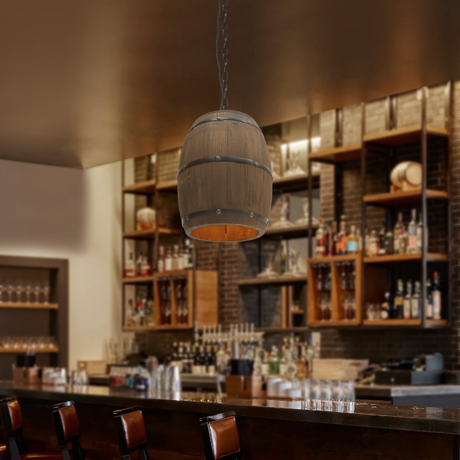 Dwellnix Adjustable Whiskey Barrel Decor Pendant Light, Vintage Wine Barrel Chandelier for Kitchen Island, Living Room Decor