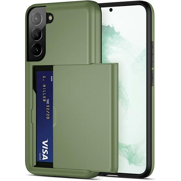 For Samsung S22 Case, Galaxy S22 Case Credit Card IDs Cash Holder Shell Wallet Case Slide Cover Dual Layer Hard PC Rubber Cover Phone Case for Samsung Galaxy S22 5G 6.2'' 2022 Green