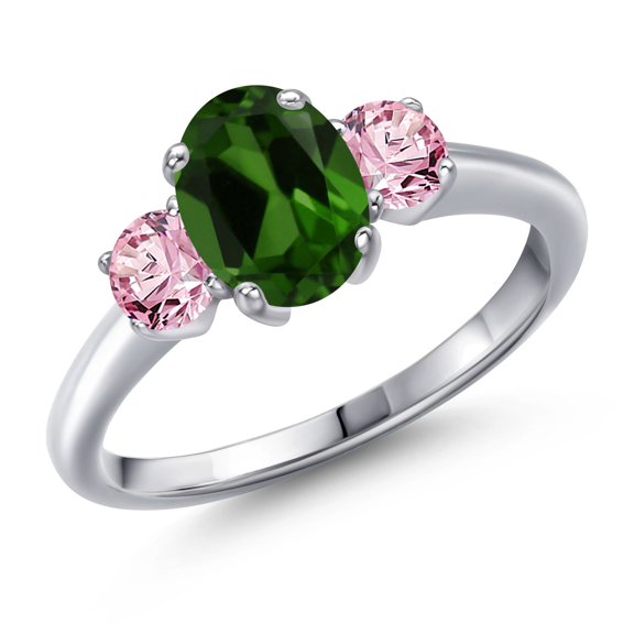 Gem Stone King 1.70 Ct Oval Green Chrome Diopside Pink Lab Grown Diamond 925 Sterling Silver Ring