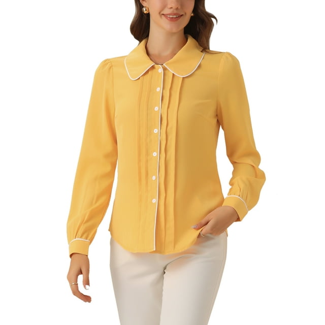 BLUSA CHIC para Mujeres con Cuello Peter Pan, Manga Abullonada, Con Trimming en Contraste, Camisa de Botones M Amarillo