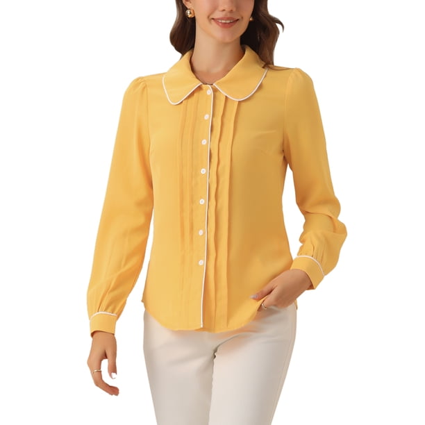 BLUSA CHIC PARA MUJER CON COLLAR PETER PAN, MANGAS ABULLONADAS, CON TRIM CONTRASTANTE Y BOTONES, COLOR AMARILLO
