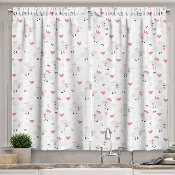 Cartoon Kitchen Curtains, Pastel Funny Animals with Hearts Valentines Day Beauty Love Theme, Two Panels Drapes with Rod Pocket Room Decor, 55" X 45", Peach Pink and Pale Pink, by Ambesonne