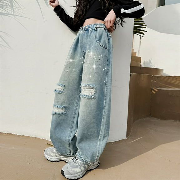 Kids Girls' Casual Straight Wide Leg Baggy Ripped Jeans Summer Cool Loose Fit Ripped Jeans High Waisted Distressed Denim Pants (7-8 Years, Light Blue)