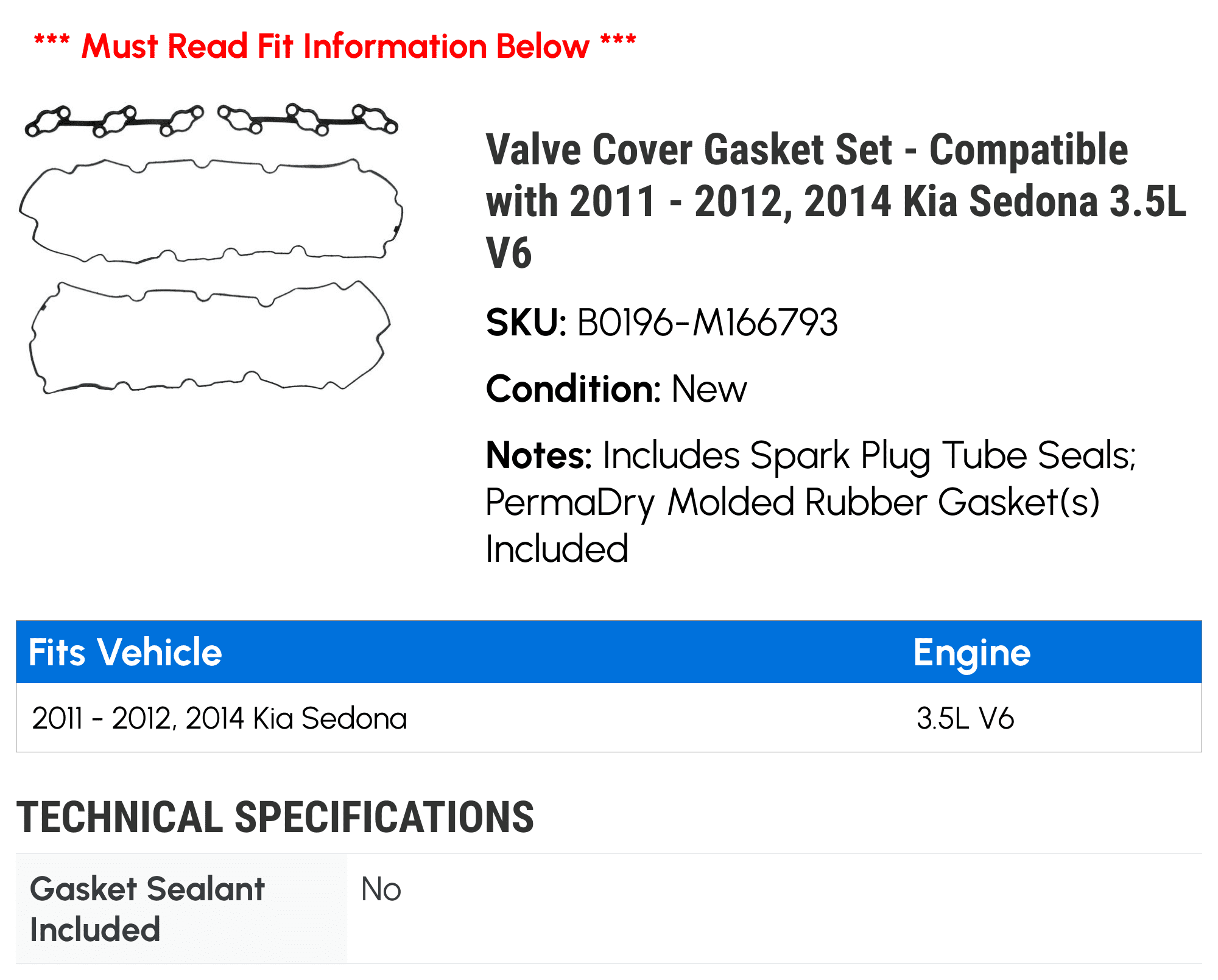 Valve Cover Gasket Set - Compatible with 2011 - 2012, 2014 Kia Sedona 3.5L V6