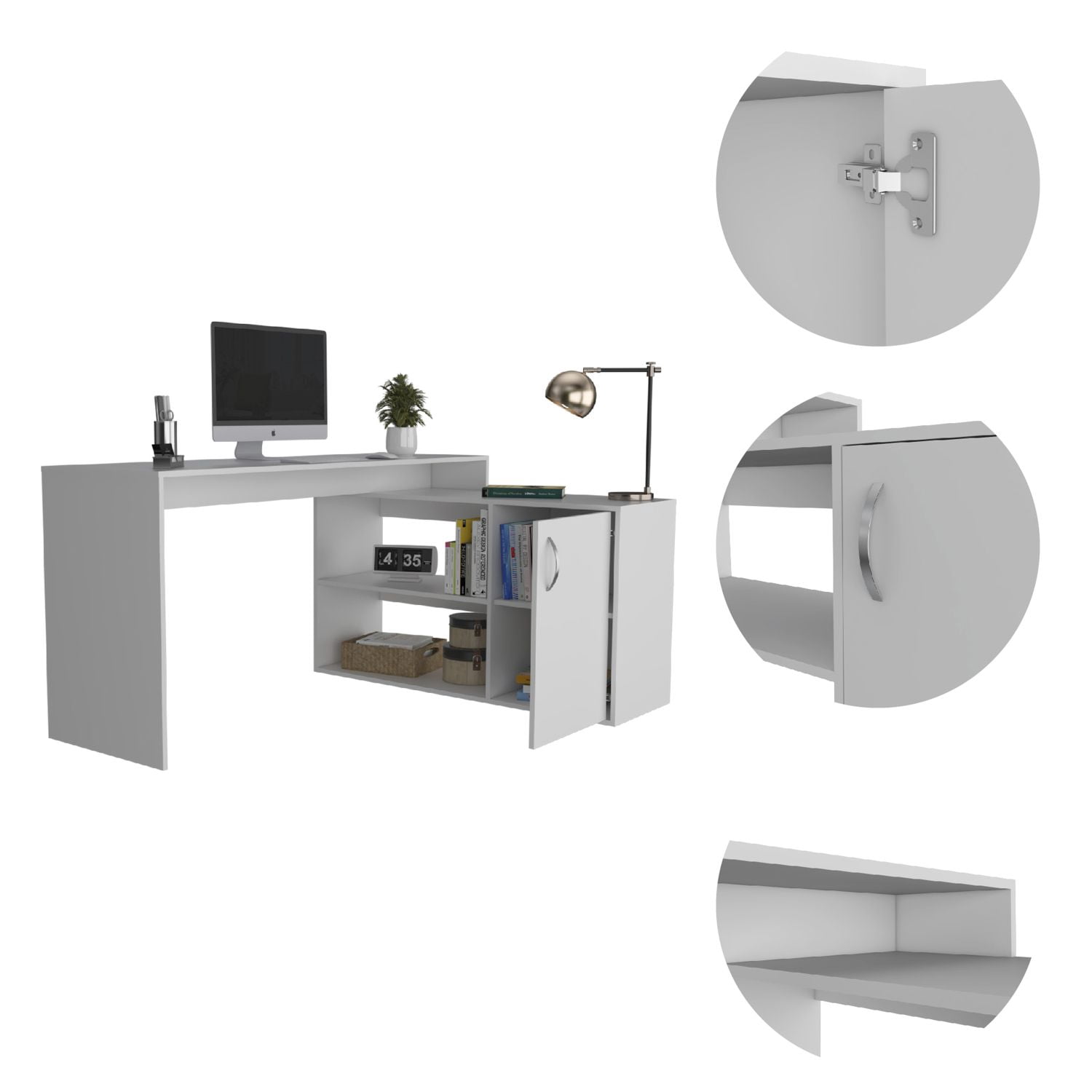 Asteroutdoor White L-Shaped Office Desk with Drawer and Shelves