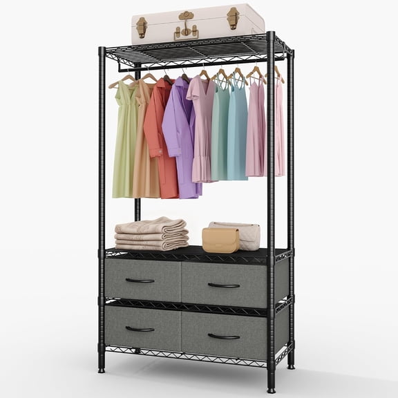 Heavy Duty Freestanding Metal Wardrobe Organizer - 4 Fabric Drawers & Adjustable Shelves - Holds Up to 682 lbs - Hanging Rod for Bedroom, Entryway, Basement - Black, 4 Drawers, 1 Hanging Rod