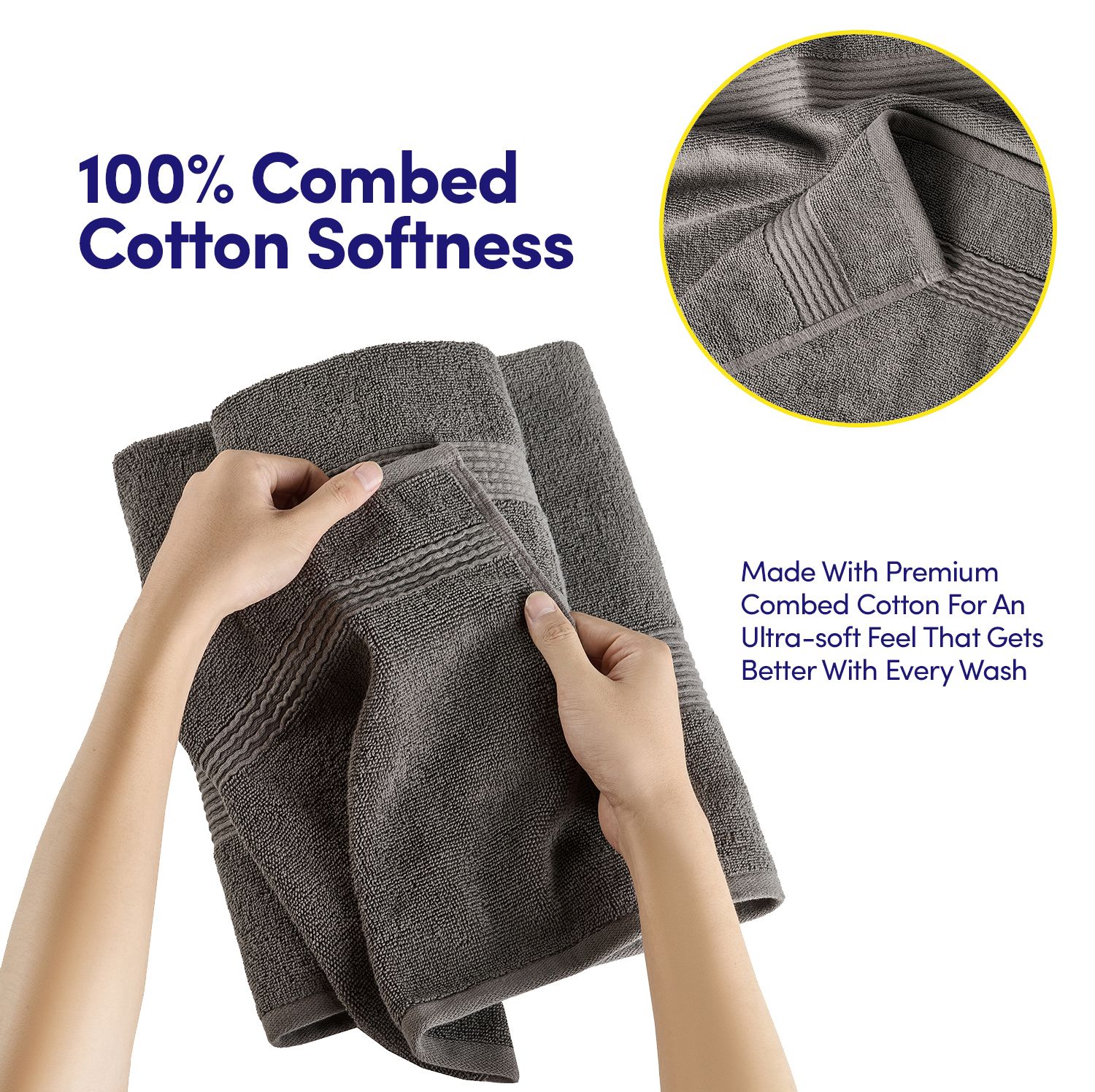 8pc 100% Combed Cotton Towel Set (2 Bath, 2 Hand, 4 Wash) - Grey