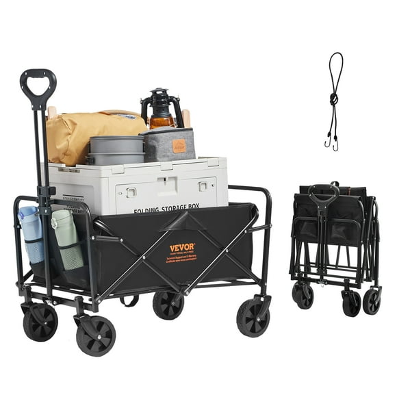 VEVOR Collapsible Folding Wagon with 220lbs Weight Capacity, Utility Folding Wagon Cart Heavy Duty,with Big All-Terrain Beach Wheels & Drink Holders,for Camping, Garden, Sports, Beach, Shopping,Black