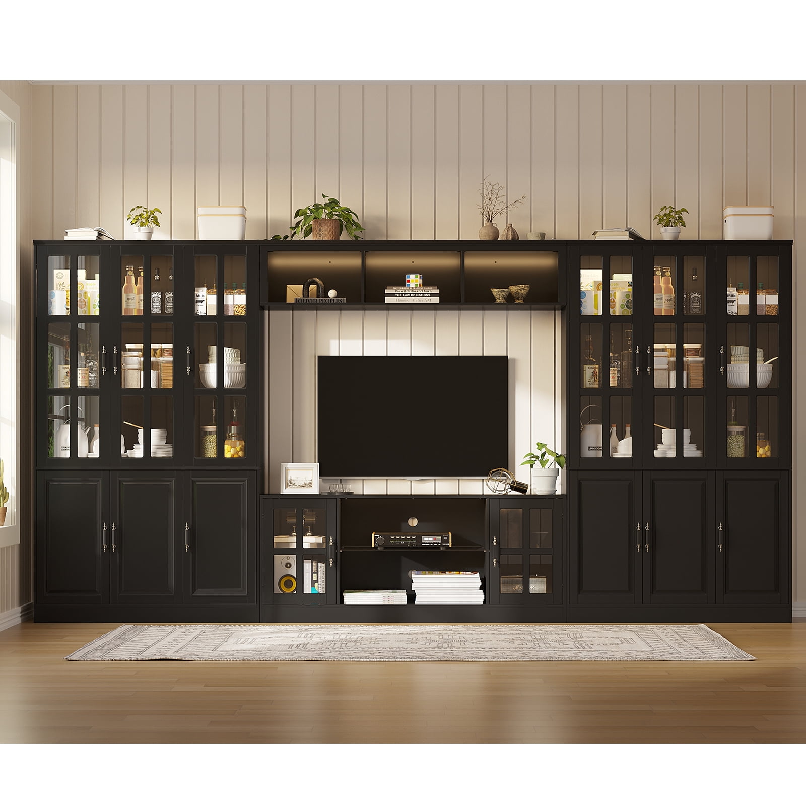 MEISSALIVVE 4-Piece Wall Unit TV Stand with Storage & LED Lights for TVs up to 75", Modern Entertainment Center with Bookshelves & 6-Door Pantry Cabinet, Black