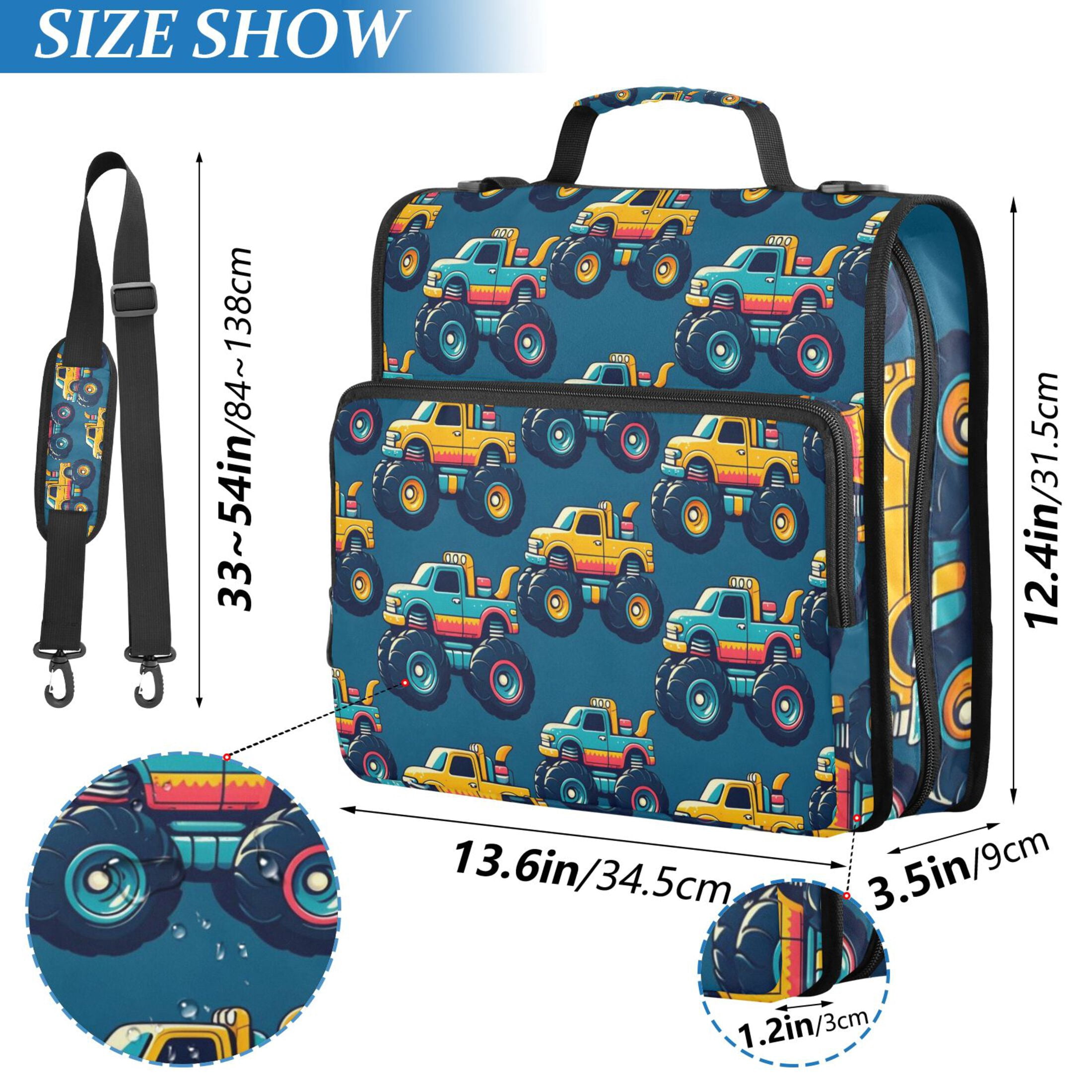 3 Ring Zipper Binder with Shoulder Strap Waterproof Trapper Keeper 2 Inch D-Ring 500 Sheets Capacity Beautiful Monster Trucks Car