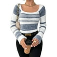 thumbnail image 2 of Women's Pullover Striped Knit Square Neck Sweater Color Block Long Sleeve Cute Trendy Fuzzy Sweaters Blue XS, 2 of 9
