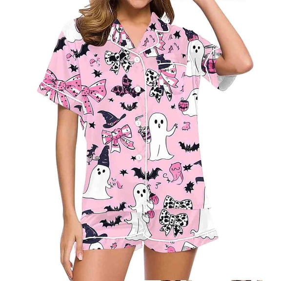 XIYON Halloween Pajamas Set for Women Ghost Print Short Sleeve Sleepwear Soft Button Down Loungewear Two-Piece Pjs Sets for Holiday Party