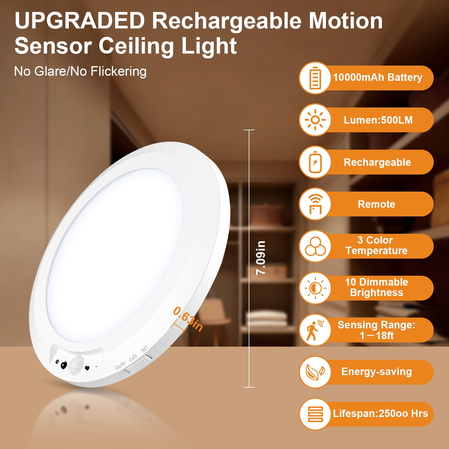 Hootek Rechargeable Motion Sensor Ceiling Light With Remote Control,10000mAh Battery Operated Closet Light,Magnetic Timing LED Shower Lights,Ceiling Lamp for Bathroom Pantry Shed Hallway Porch, White