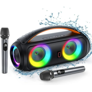 FanFun Waterproof Bluetooth Speaker, Wireless Ourdoor Speaker with DJ Lights, 2 Microphones, Party Speaker with Deep Bass, Portable Home Boombox Speaker for Pool Beach Party