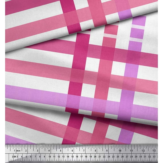 Soimoi Pink Satin Silk Fabric Window Pane Check Print Sewing Fabric Yard 42 Inch Wide