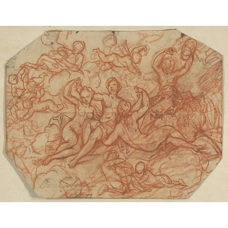 Four Nude Women in the Clouds Surrounded by Putti Poster Print by Benǫt