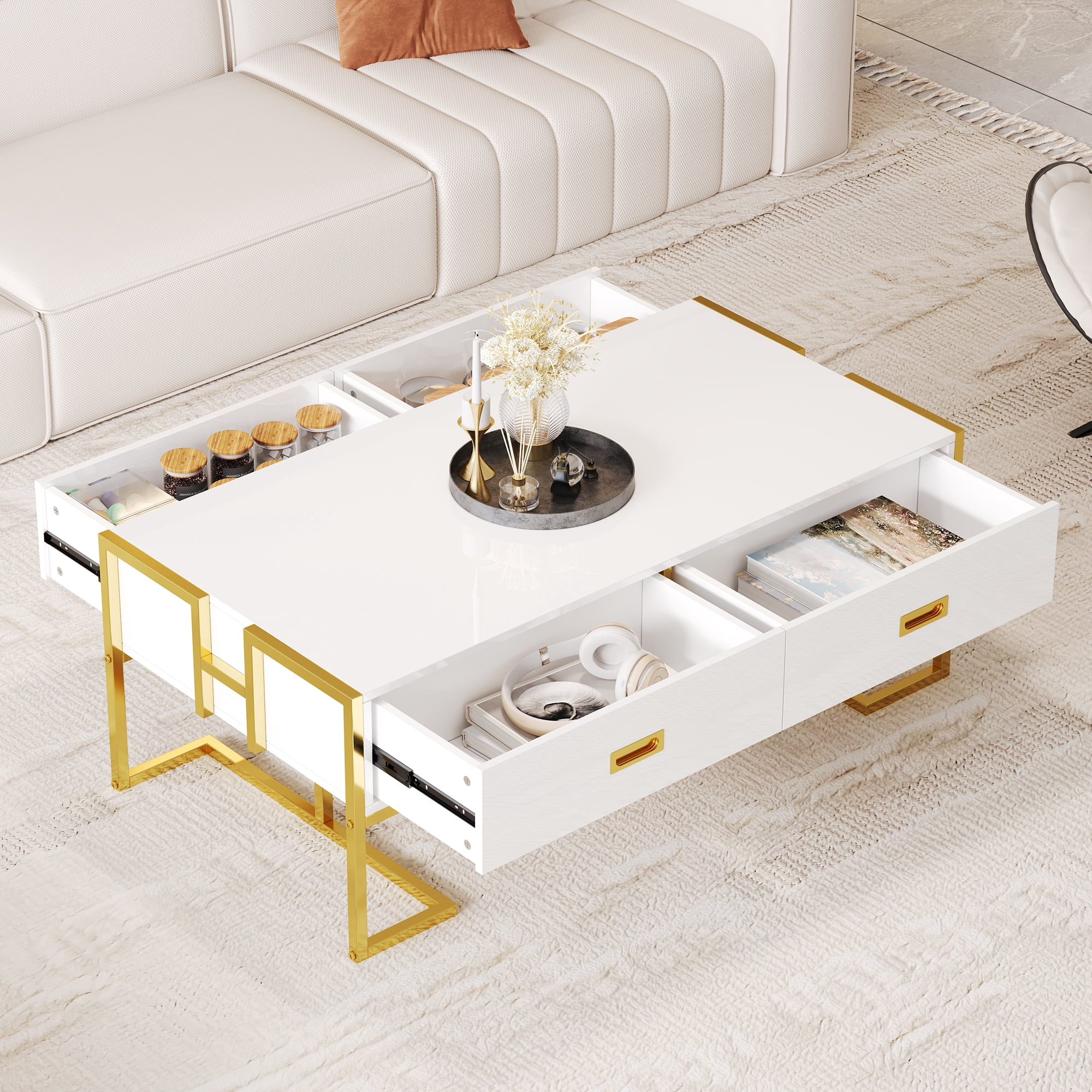 Euroco Modern White Rectangular Coffee Table with 4 Drawers and Gold Base in 47.3"