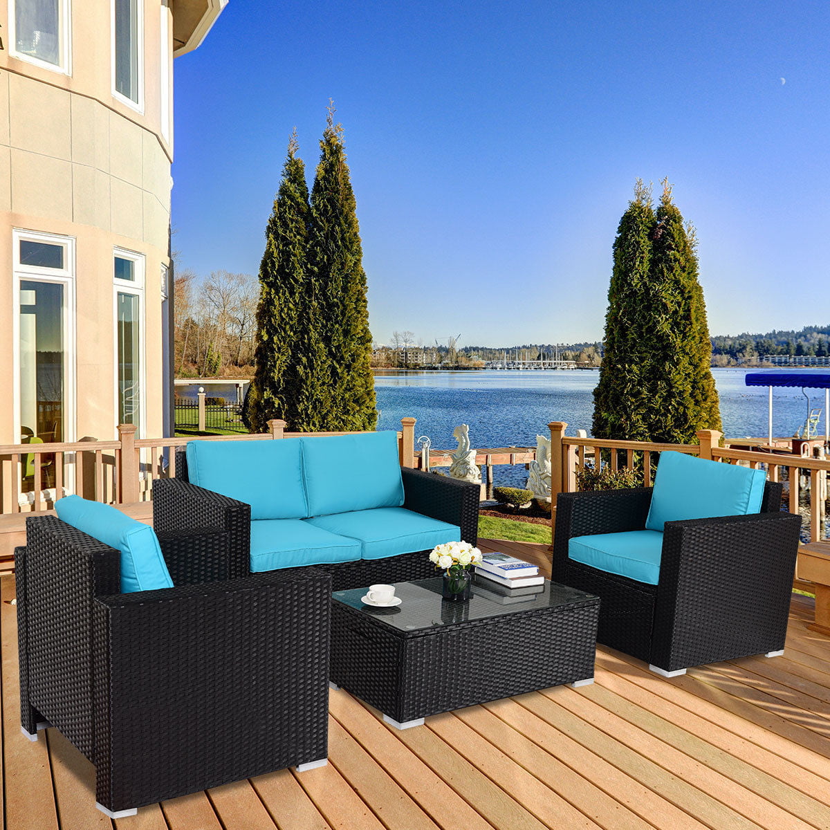 Gymax 4 Piece Rattan Patio Furniture Set Outdoor Rattan Wicker with