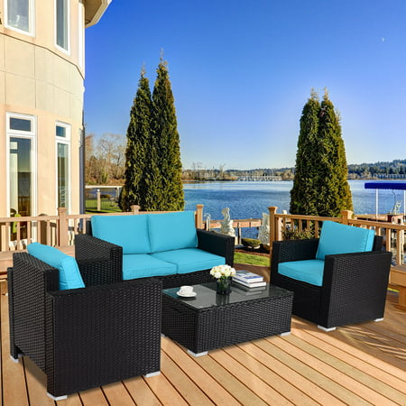 Gymax 4PC Rattan Patio Furniture Set Outdoor Wicker With Blue (Best Quality Wicker Furniture)