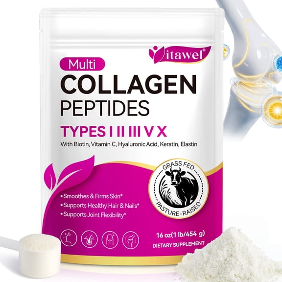 Collagen Peptides Powder with Biotin, for Hair Skin & Nails, Unflavored, 1 lb, 41 Servings