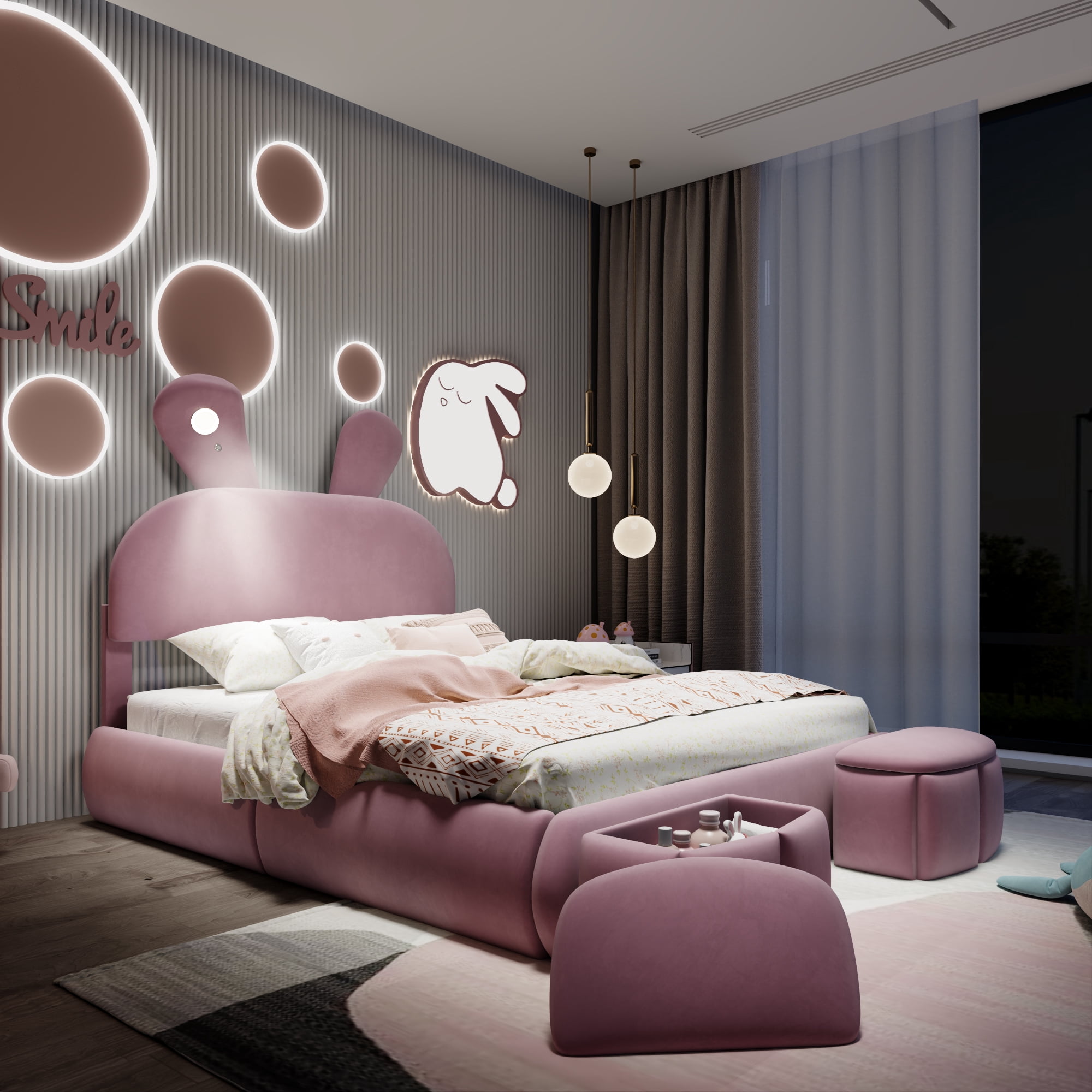 Mintazer Full Size Upholstered Bed with Bunny Ears Shaped Headboard, Platform Bed with LED Light & Storage Stools for Kids Adult Girl Bedroom Apartment, Pink