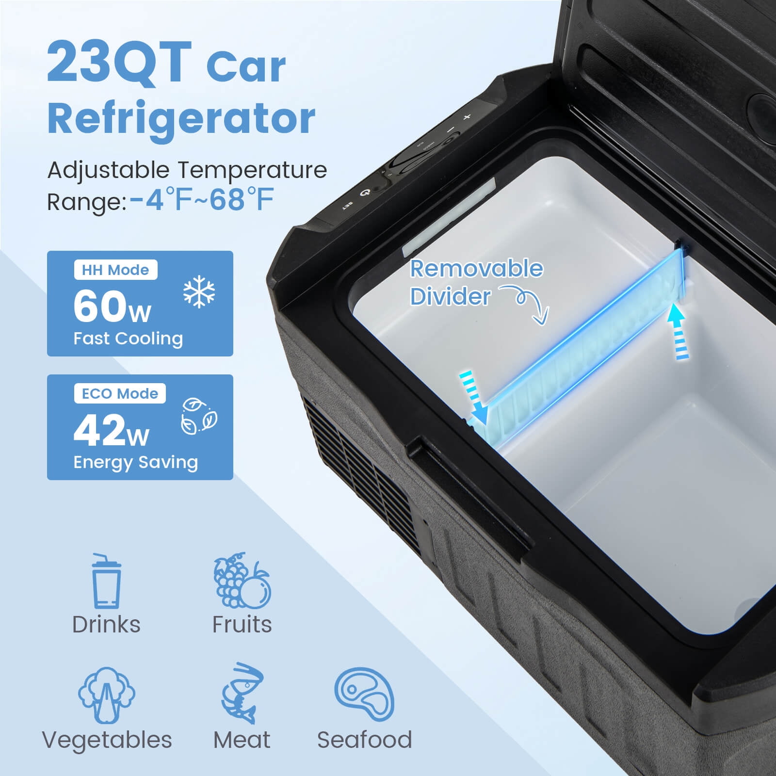 Costway 12 Volt Car Refrigerator with -4℉~68℉ Adjustable Range Divider for Camping 23 QT