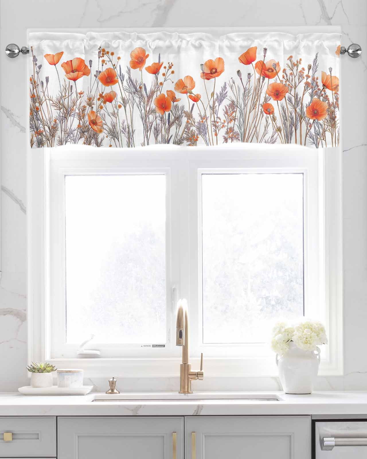 Orange Flower Linen Curtain Valance for Bedroom/Bathroom/Kitchen/Office/Living/Dining Room Window,Pastel Botanical Floral Leav Herb Pocket Topper Drapes Decorative Cafe Drapery Panel 54"x18"