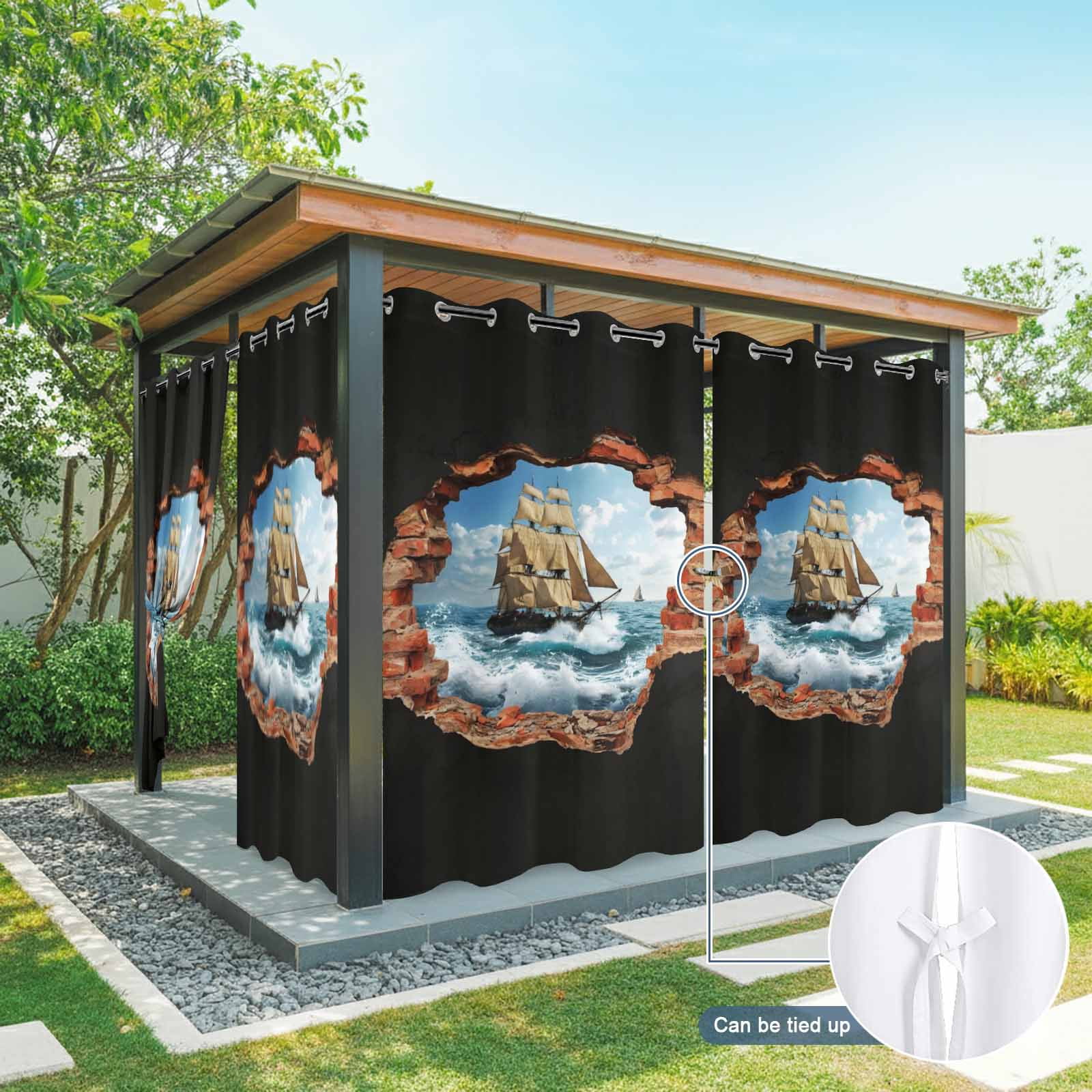 Sailing Ship Outdoor Curtains for Patio, Art Romantic Broken Brick Vintage Vessel Ocean Wave Sunshade Privacy Drapes Grommet Waterproof Outside Curtains for Porch/Cabana/Balcony 54"x 108", 1 Panel