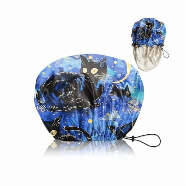 wonima11 Luxury Shower Cap Satin Silk Lined Adjustable Elastic Reusable Waterproof Shower Bath Cap Cute for Women Girls-Black Cat Blue